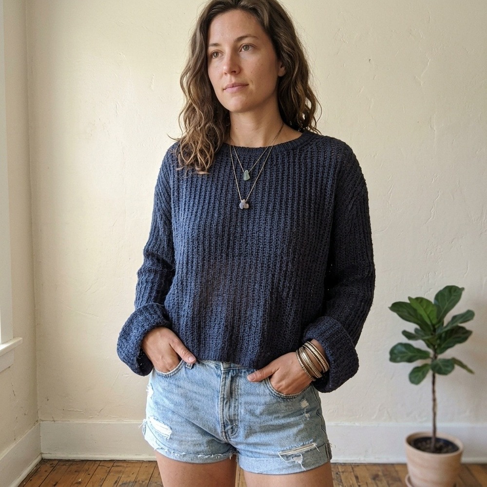 Wooden Ships Womens Sweater M/L Navy Blue Open Knit Mohair Wool Blend Boho Airy
